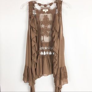 Umgee Ruffle Lace Boho Vest Coffee Brown